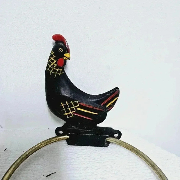 vintage rooster hen chicken round vintage towel bar iron - Picture 4 of 11